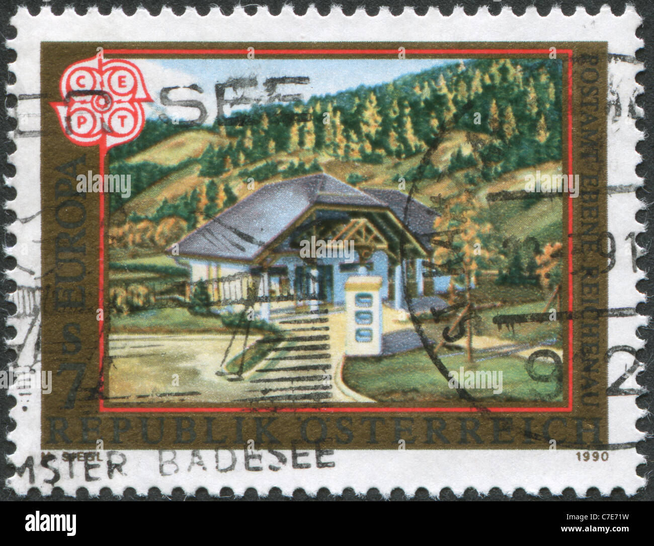 AUSTRIA - 1990: A stamp printed in Austria, is shown Ebene Reichenau Post Office Stock Photo
