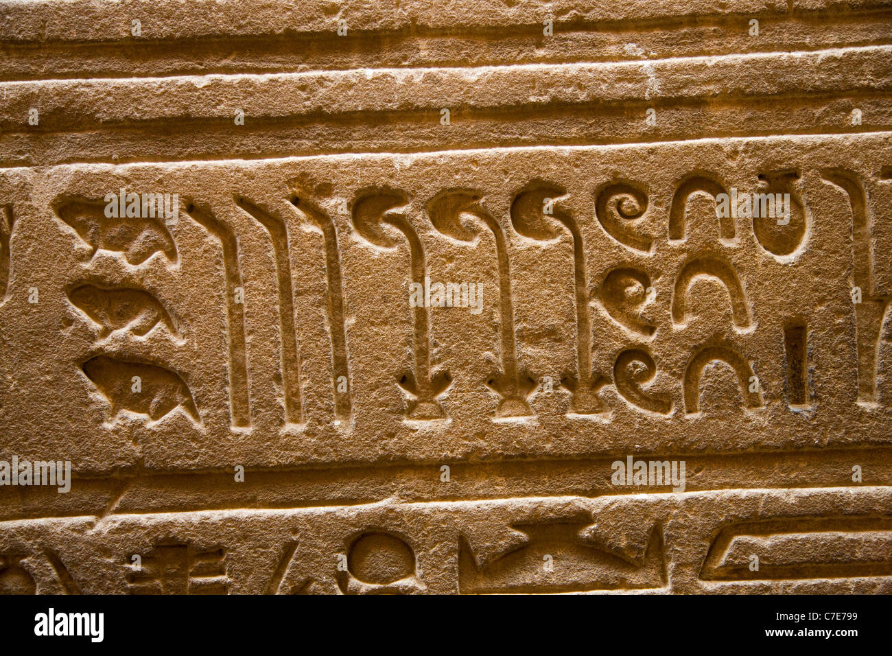 Numbers zero to nine depicted in hieroglyphics at Edfu Temple Stock Photo