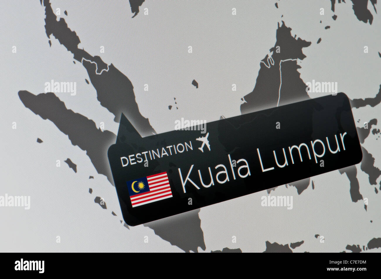 A close-up of a computer display indicating the location of Kuala Lumpur International Airport, Malaysia. Stock Photo