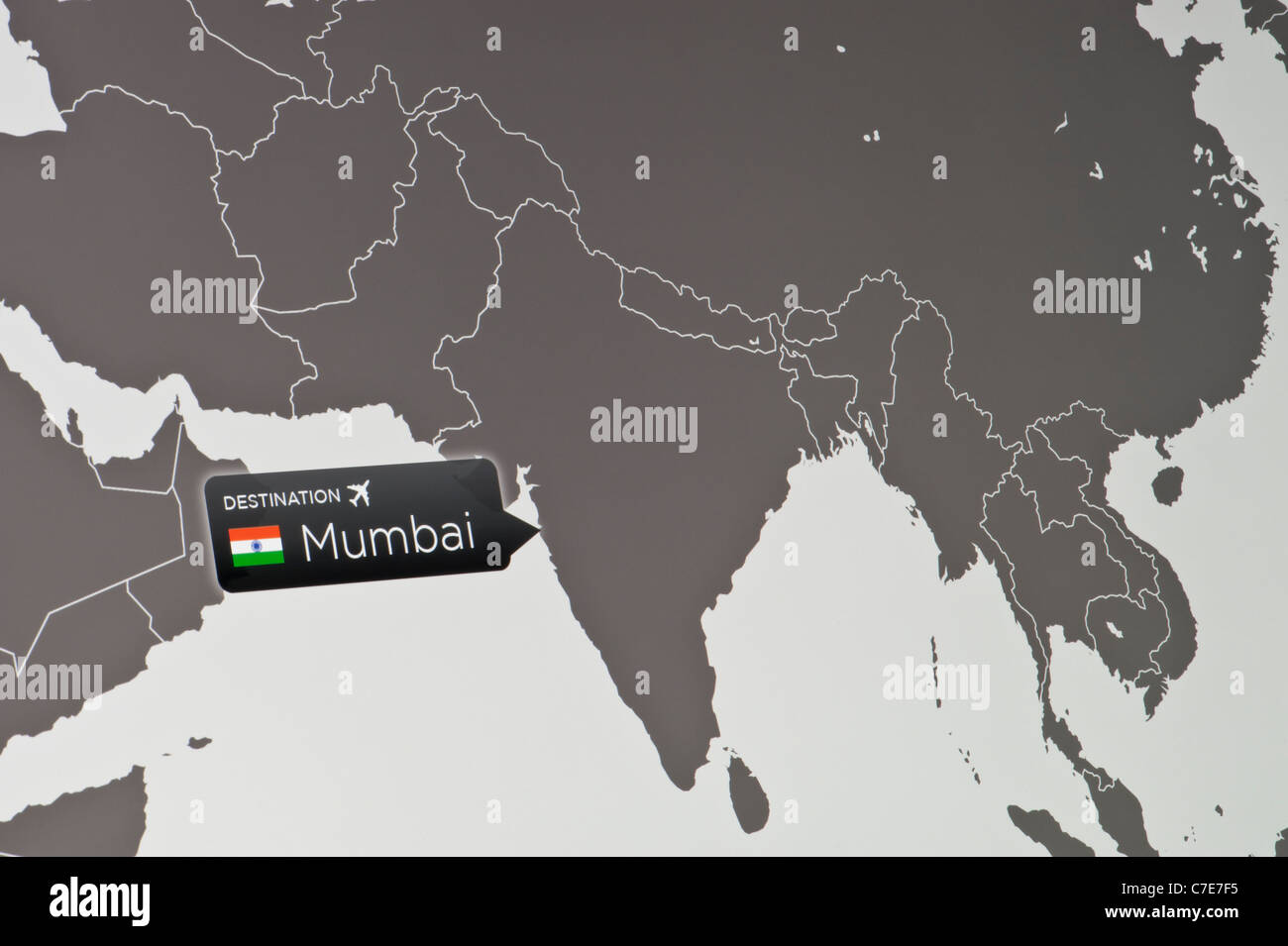 A close-up of a computer display indicating the location of Mumbai International Airport, India. Stock Photo