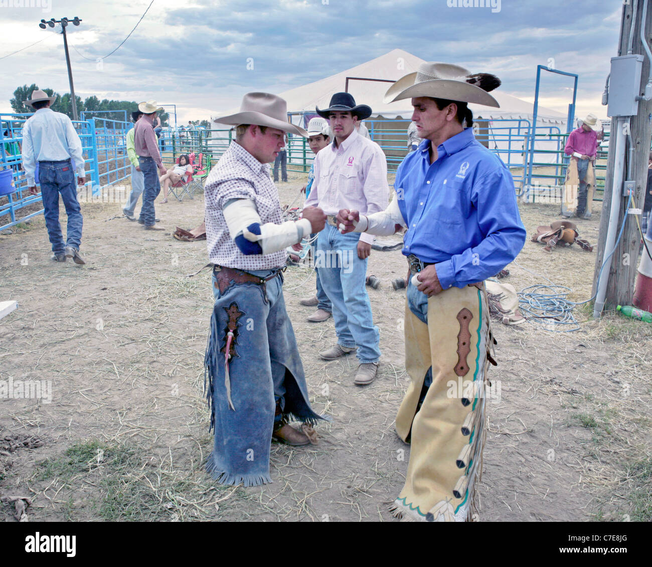 Competitors getting ready to take part in the bronco riding event of the rodeo held on the Fort Hall reservation in Wyoming. Stock Photo