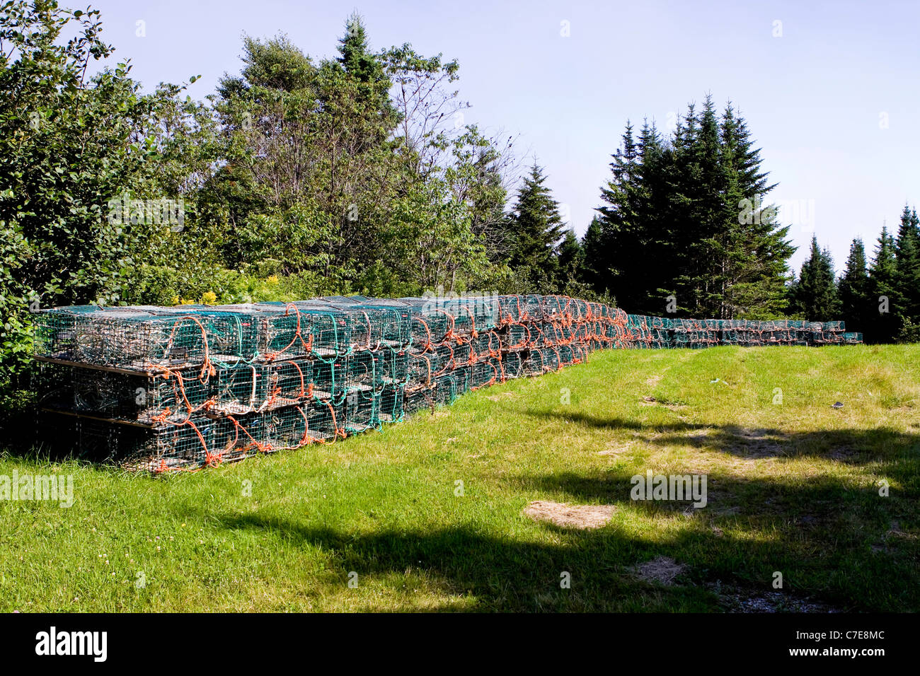 Lobster cages lined up in Bay of Fundy, New Brunswick, Canada. Stock Photo