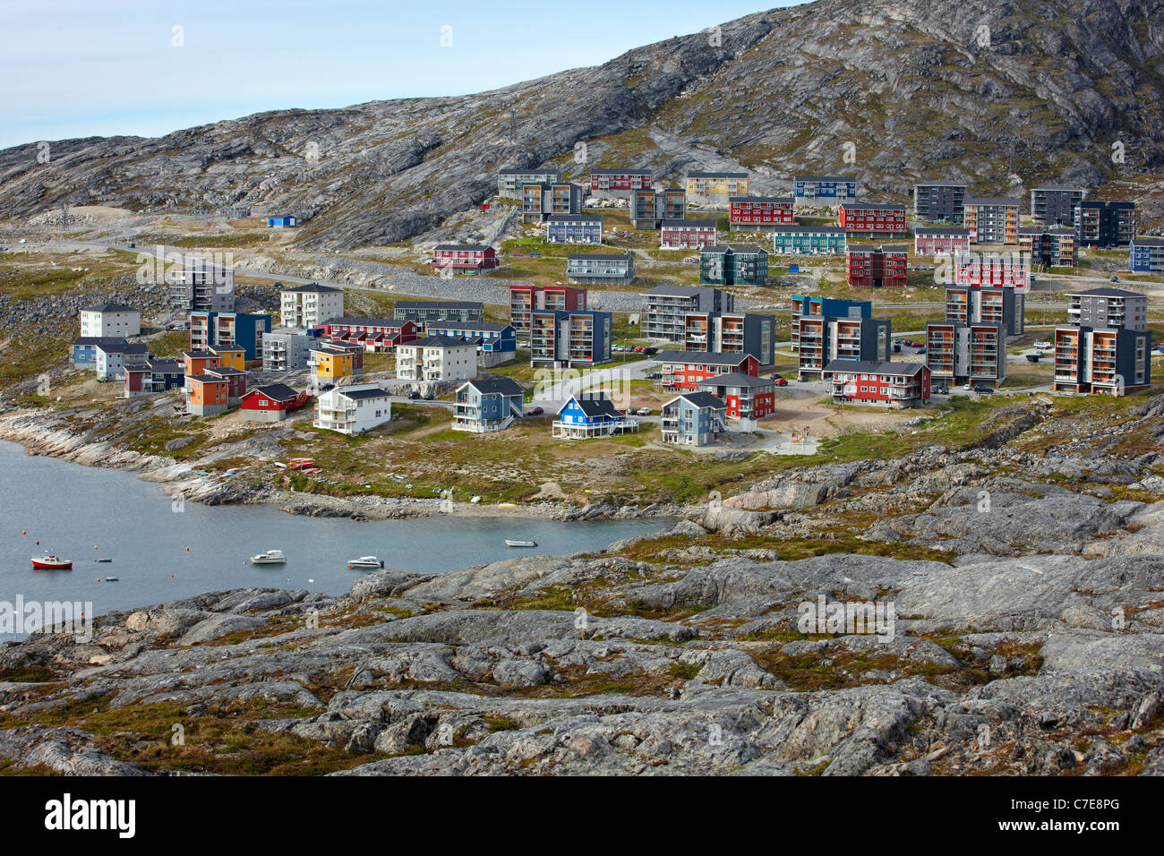 Apartment buildings, Qinngorput district, Nuuk, Greenland Stock Photo