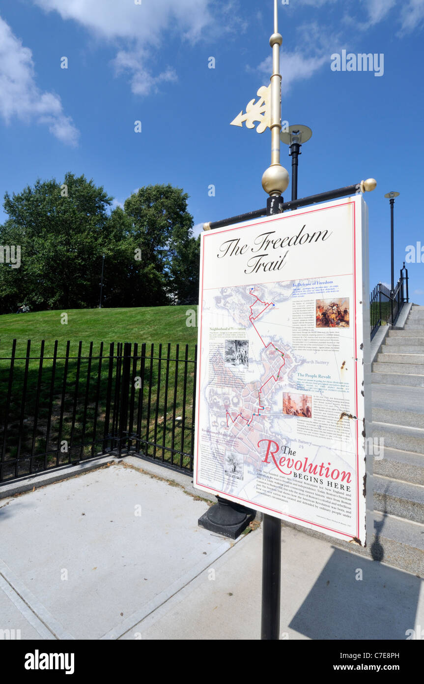 Sign at the Bunker Hill Monument in Charlestown  showing the route of the Freedom Trail through historic Boston Massachusetts USA Stock Photo