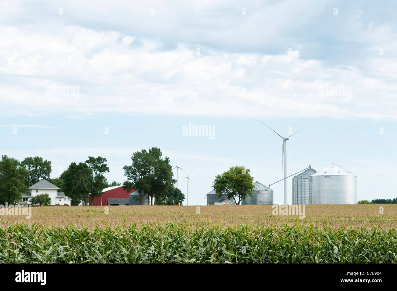 Horizontalaxis wind turbines are shown near a farm in Lakefield