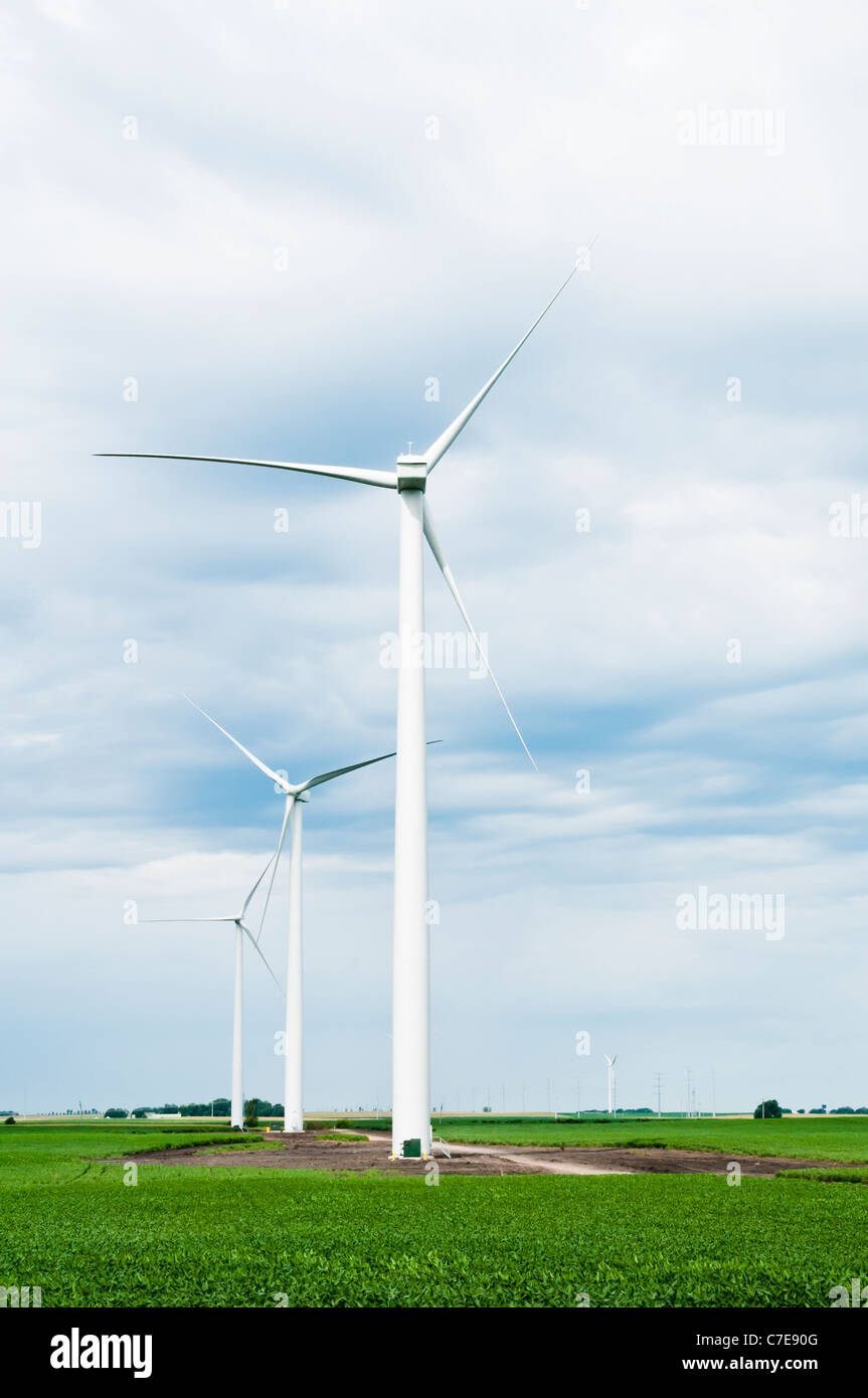 Horizontalaxis wind turbines are shown on a wind farm site near