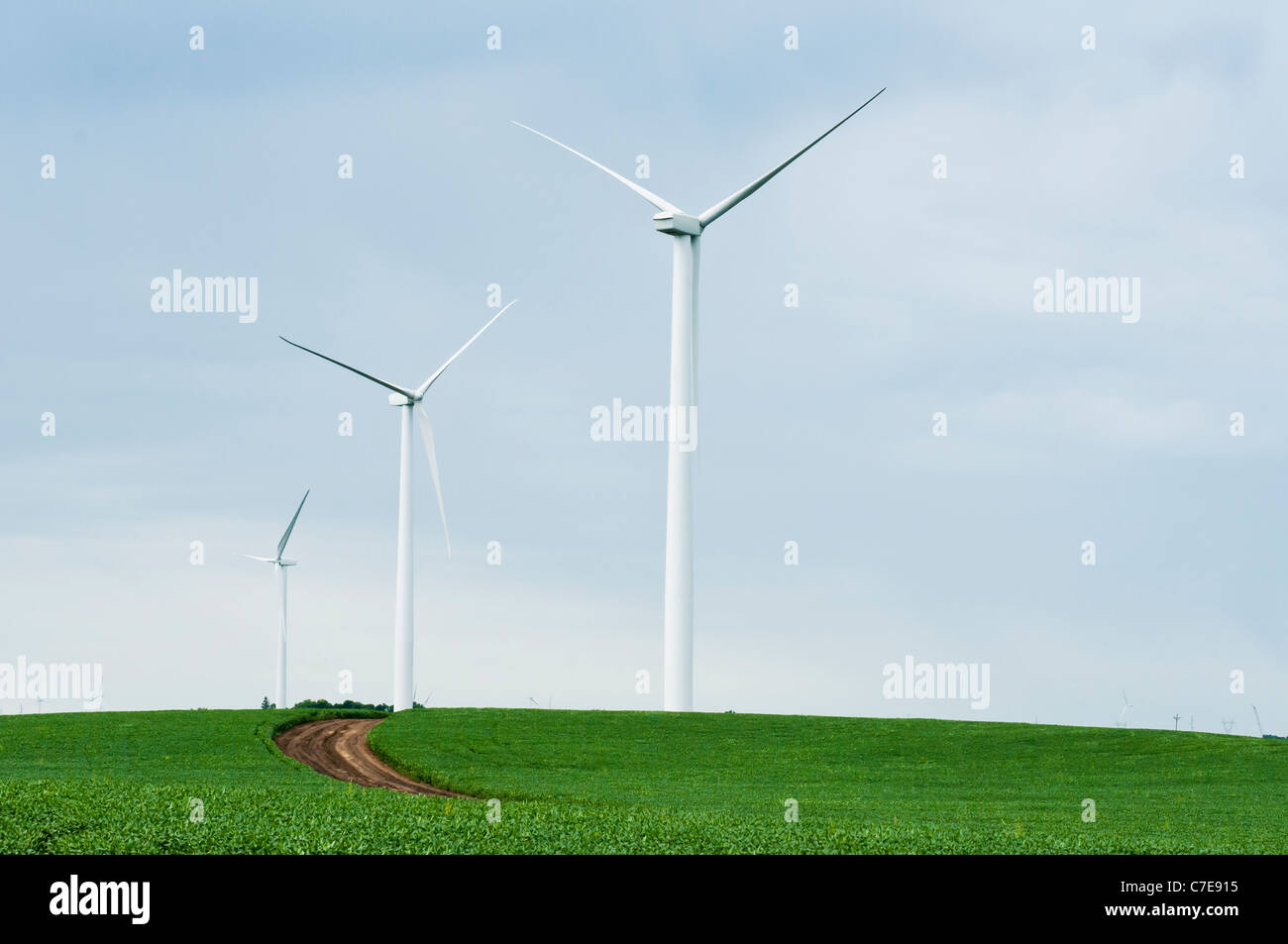 Horizontalaxis wind turbines are shown on a wind farm site near