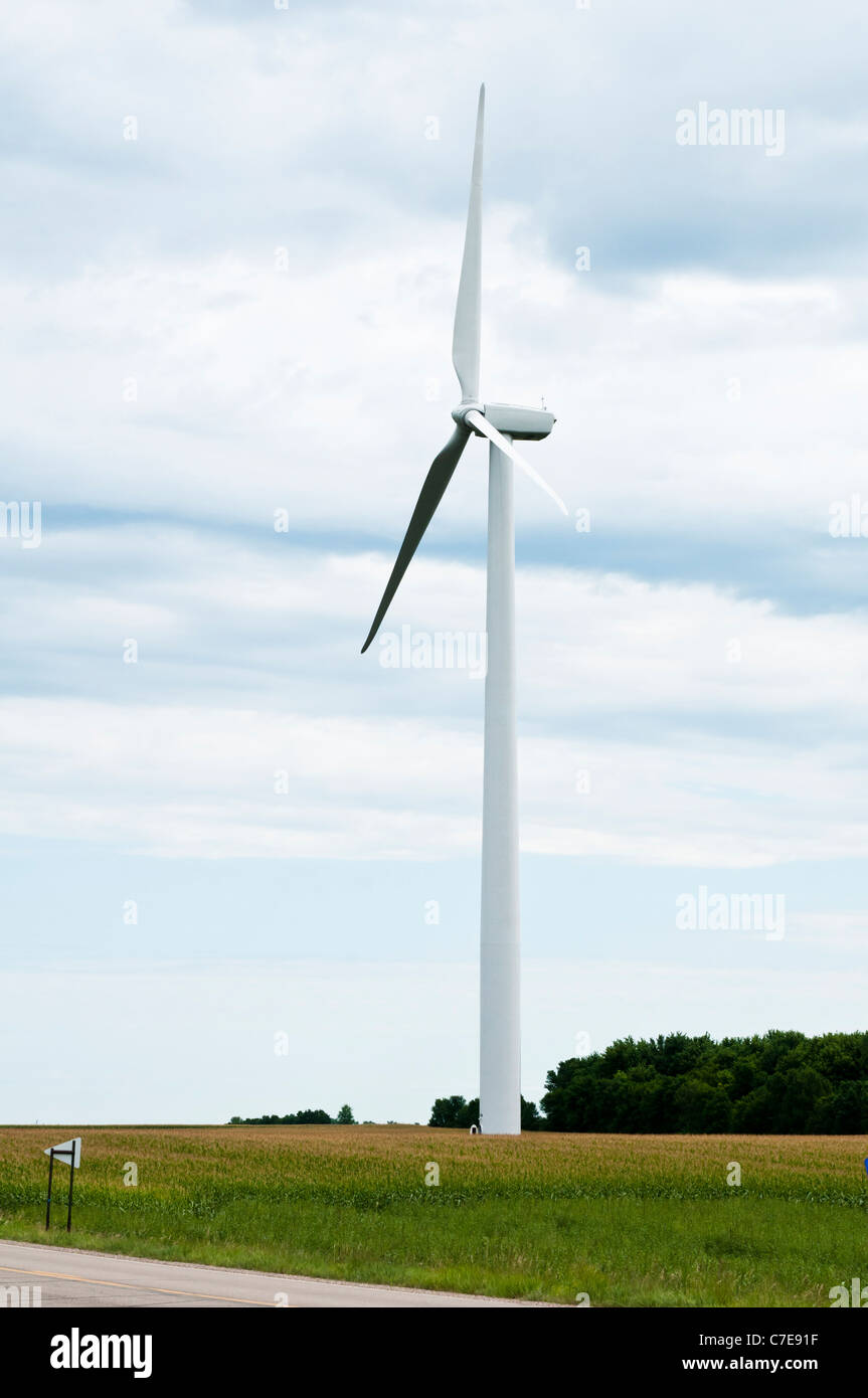 Horizontalaxis wind turbines are shown on a wind farm site near