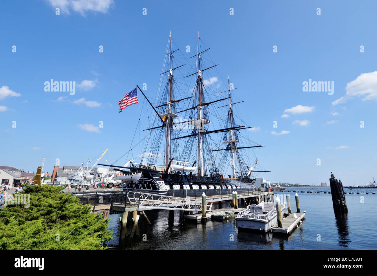 The USS Constitution, aka Old Ironsides the oldest commissioned US Naval ship docked at the Charlestown Navy Yard, Boston Massachusetts USA. Stock Photo