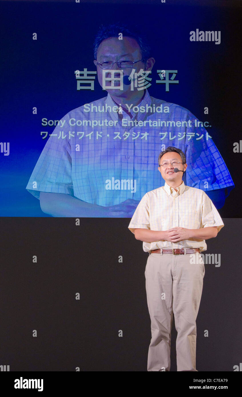 Shuhei Yoshida, president of Sony Computer Entertainment Inc., gives an important speech about PlayStation Vita. Stock Photo
