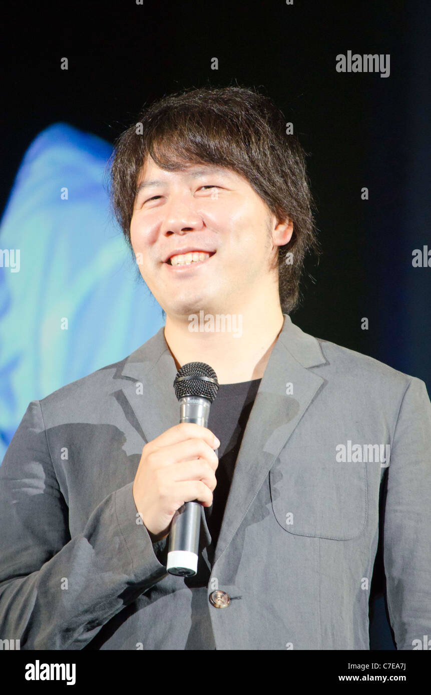 Tanaka Yoshikazu, president of SNS Gree, gives a speech regarding Social Networking Game's changes during the Tokyo Game Show. Stock Photo