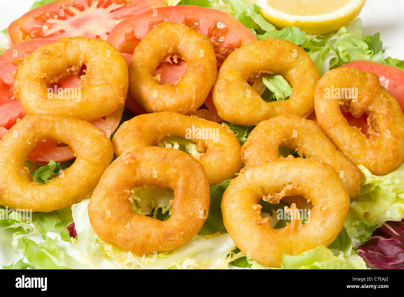 Deep fried battered squid rings, a Mediterranean appetizer Stock Photo
