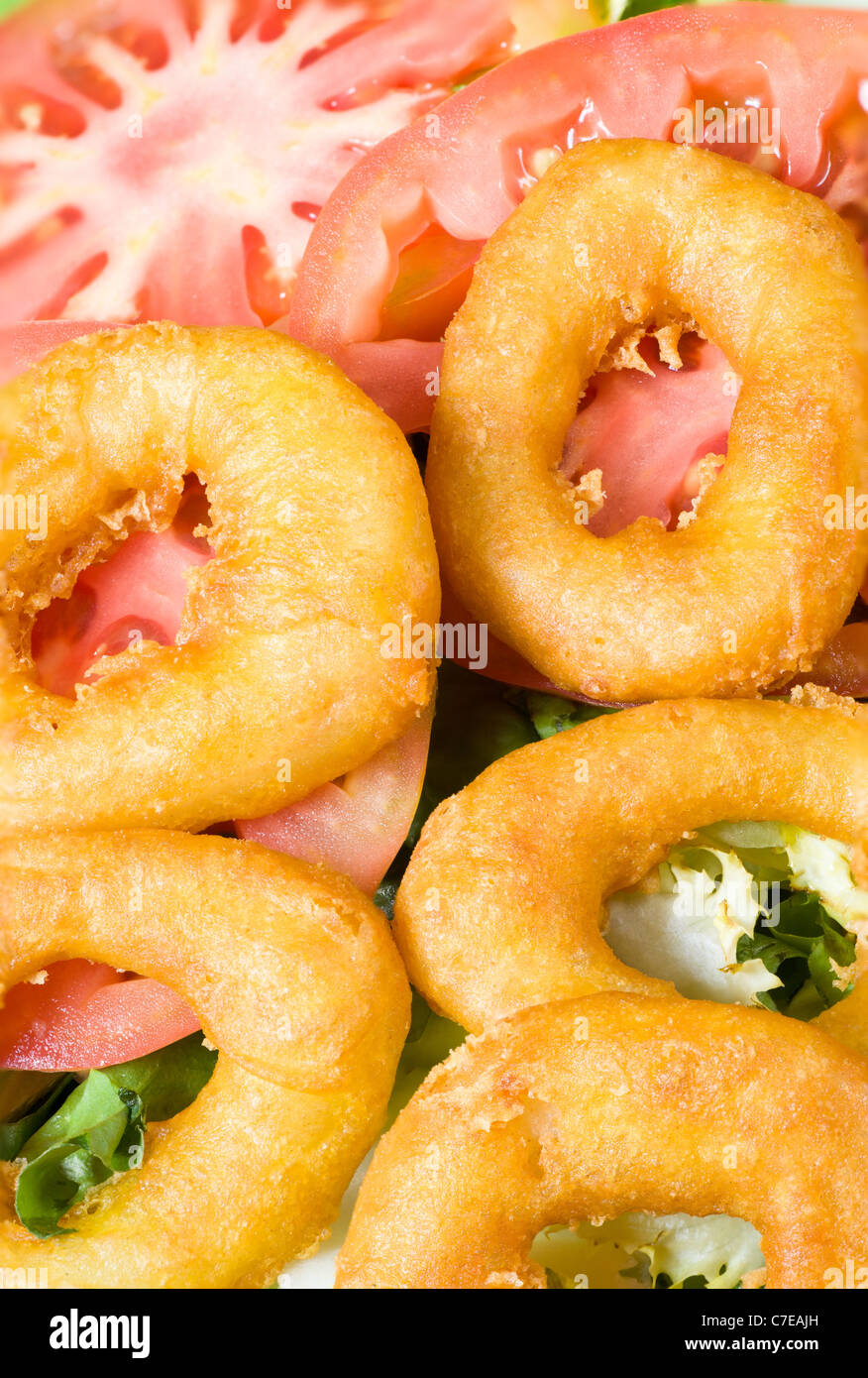 Deep fried battered squid rings, a Mediterranean appetizer Stock Photo