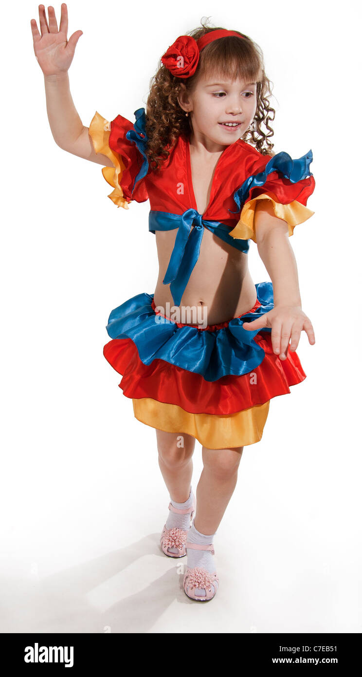 Portrait of the little girl dancer to a white background Stock Photo ...