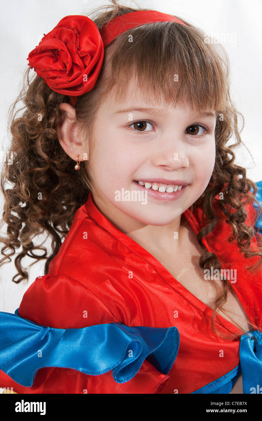 Portrait of the little girl dancer to a white background Stock Photo ...