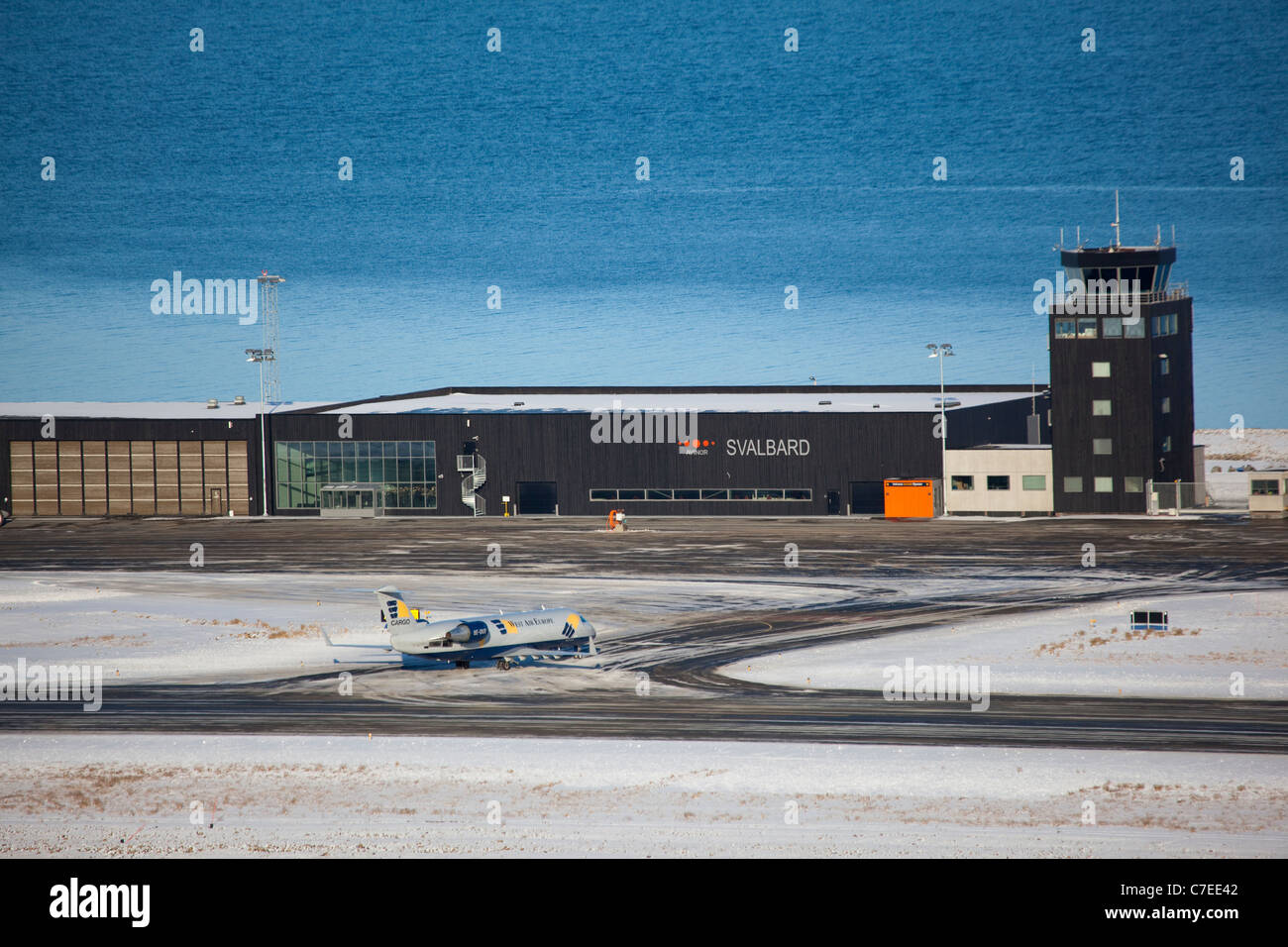 West Air Europe plane arriving at Longyearbyen Airport, on the Arctic island of Spitsbergen, Svalbard. Stock Photo