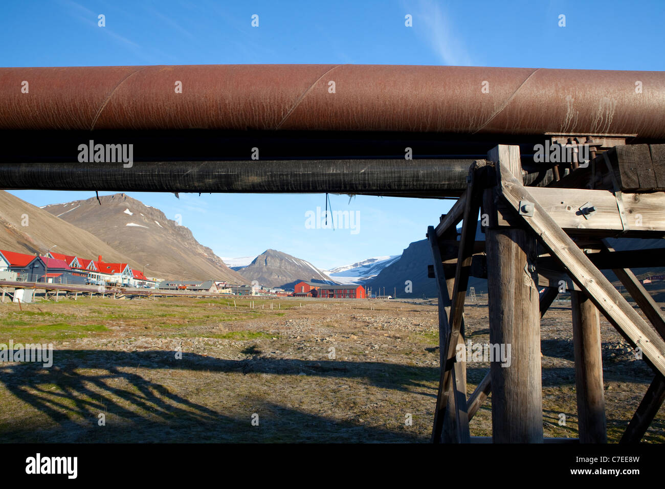 Thermal heating pipes in Longyearbyen, Svalbard. Stock Photo