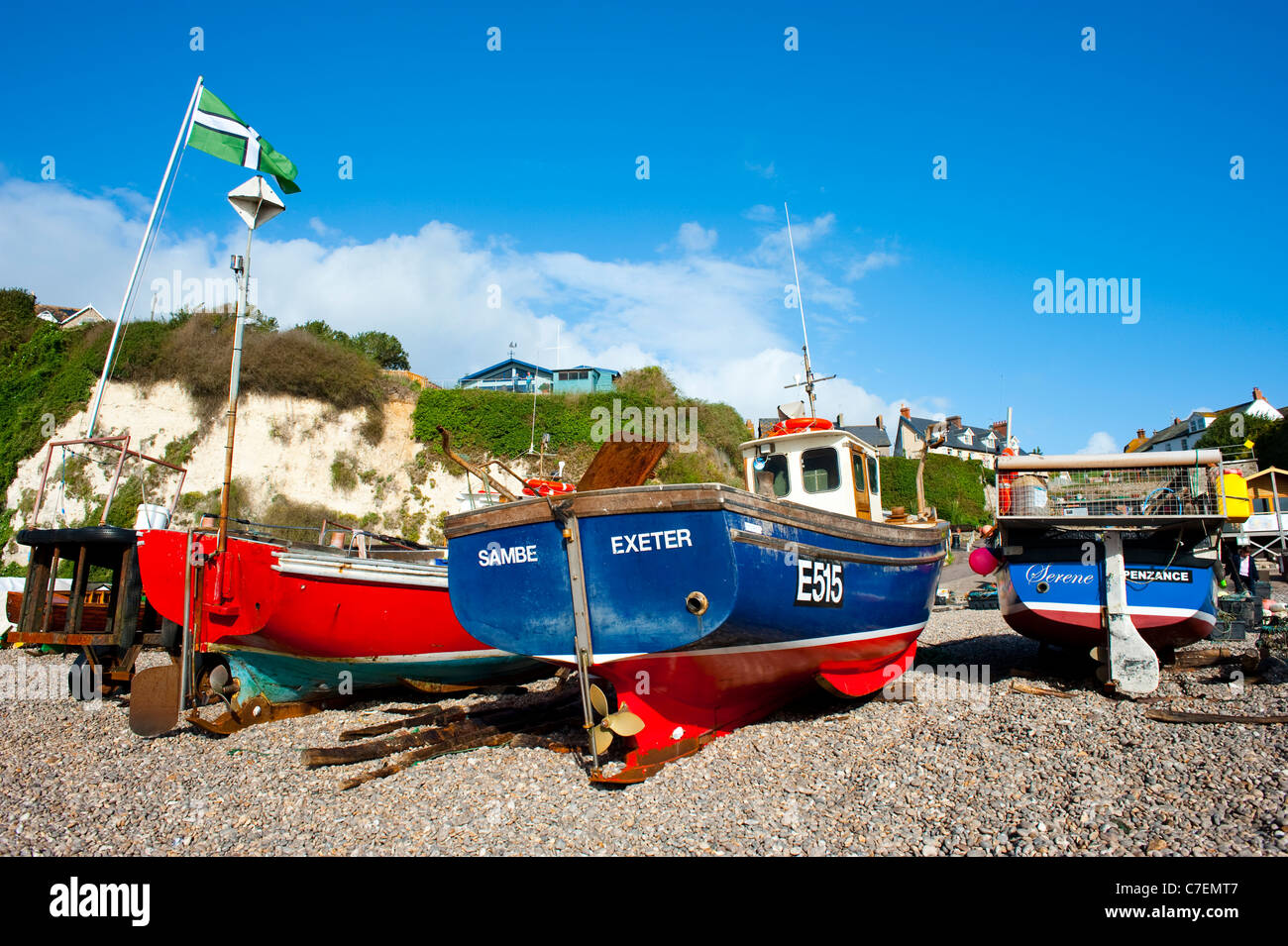 Fishing boats on beach at Beer Devon England Stock Photo