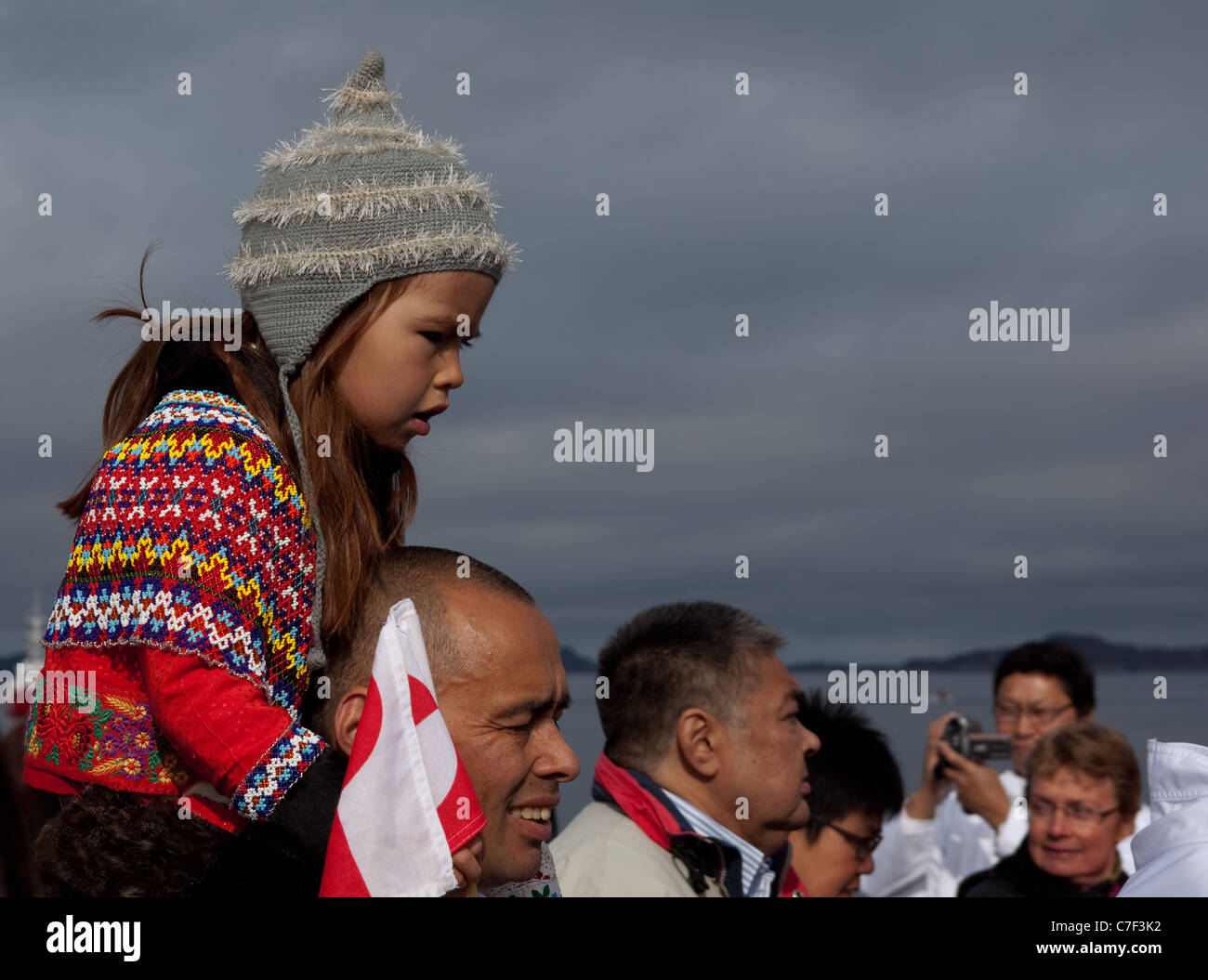 Little girl wearing traditional Inuit clothing, Colonial Harbour, on National Day, celebrating Self Governance, Nuuk, Greenland Stock Photo