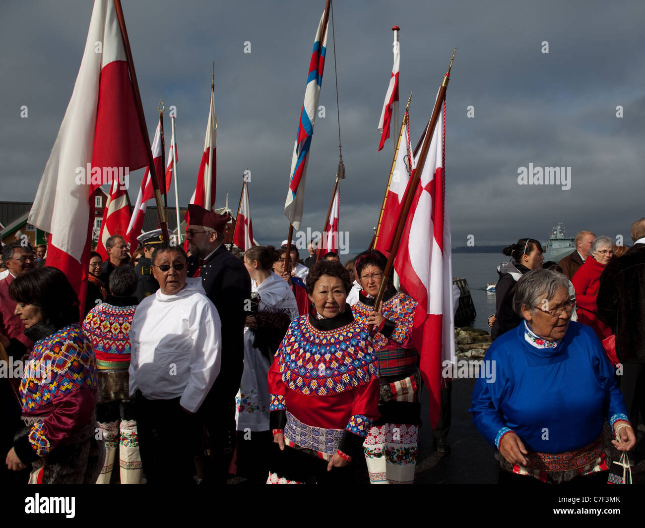 Unuit people wearing traditional dress at the Colonial Harbour, National Day, celebrating Self Governance, Nuuk, Greenland. Stock Photo