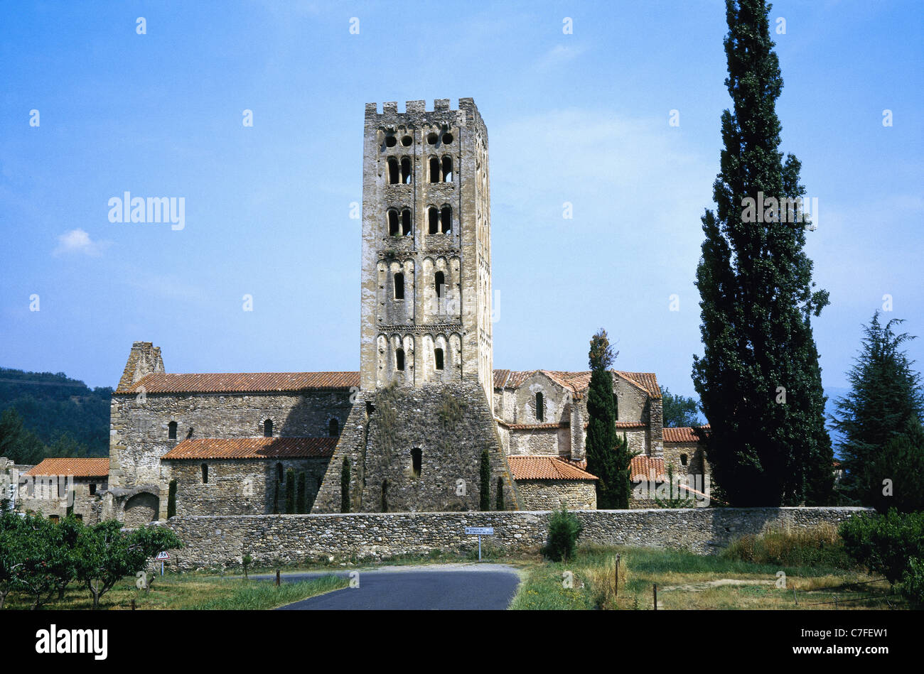 France. Abbey of Saint-Michel-de-Cuxa. Romanesque bell tower. Lombard style. Stock Photo