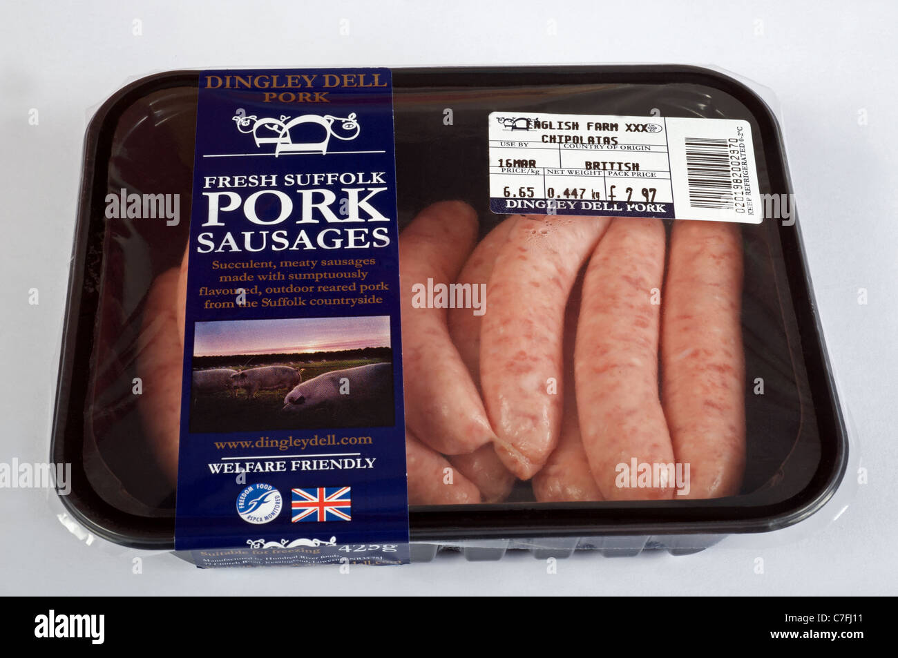 Packet of Dingley Dell Suffolk pork sausages Stock Photo Alamy