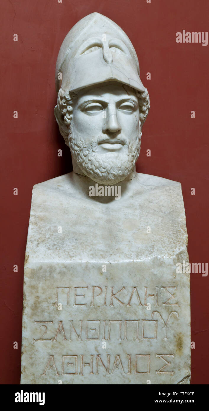 Inscribed portrait herm of the Greek general and statesman Pericles. See description for more information. Stock Photo