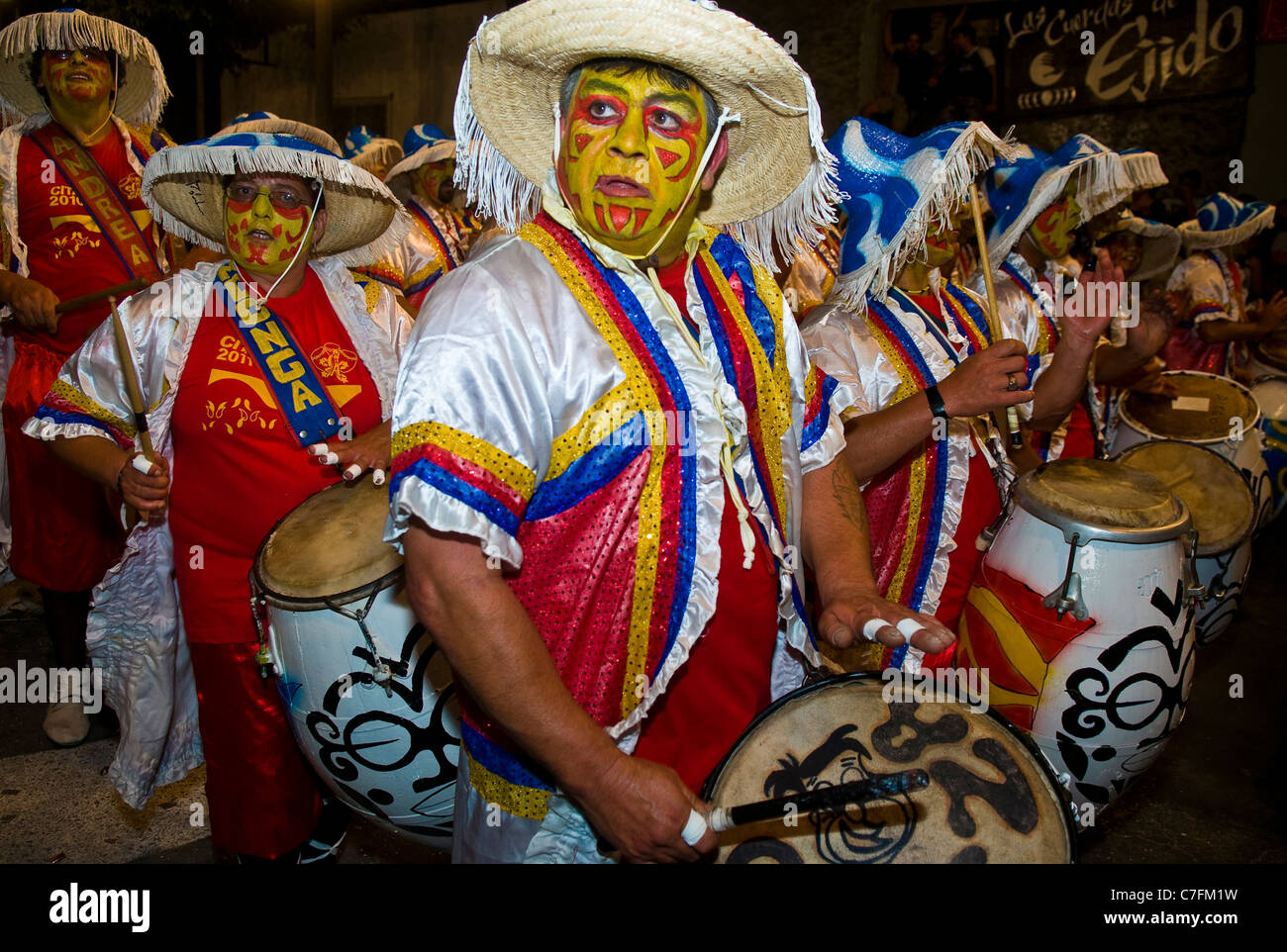Unidentified Candombe drummers in the Montevideo annual Carnaval in Montevideo Uruguay Stock Photo