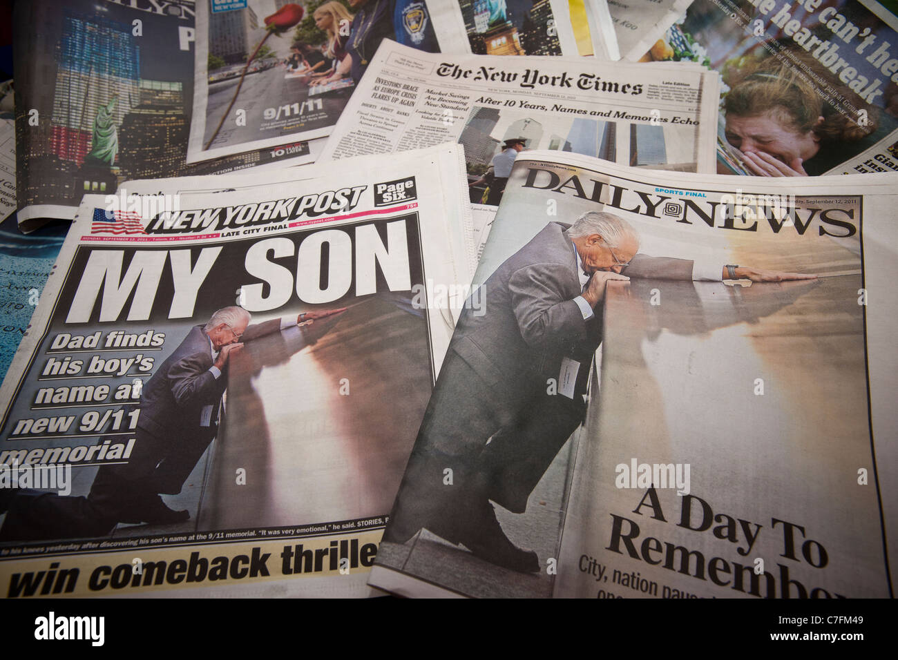 Headlines of New York newspapers report on the tenth anniversary of the World Trade Center terrorist attacks Stock Photo