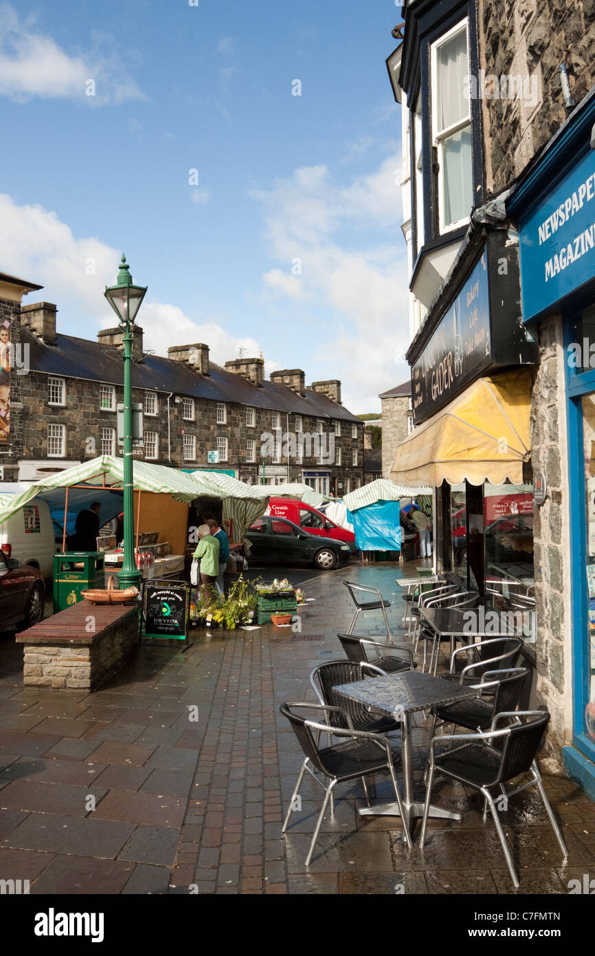 Empty chairs outside a cafe after a downpour of rain, town of Dolgellau