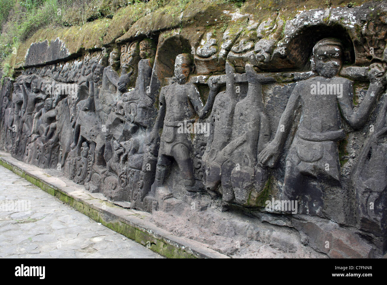 Rock Art Relief Dating to the 14th or 15th Century at Yeh Pulu, Bali Stock Photo