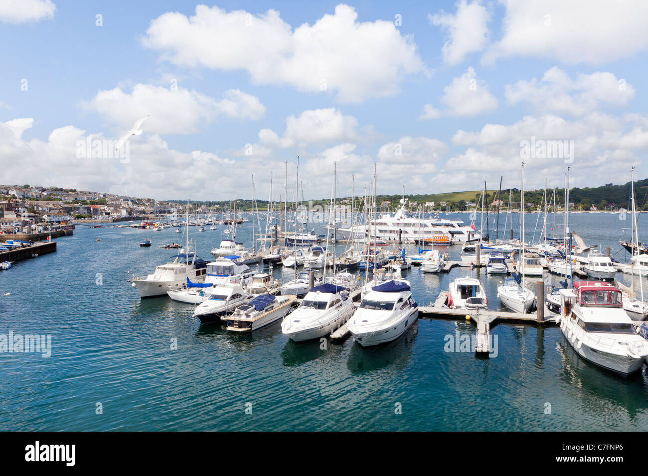 Yacts and pleasure boats moored in the River Fal at Falmouth, Cornwall Stock Photo