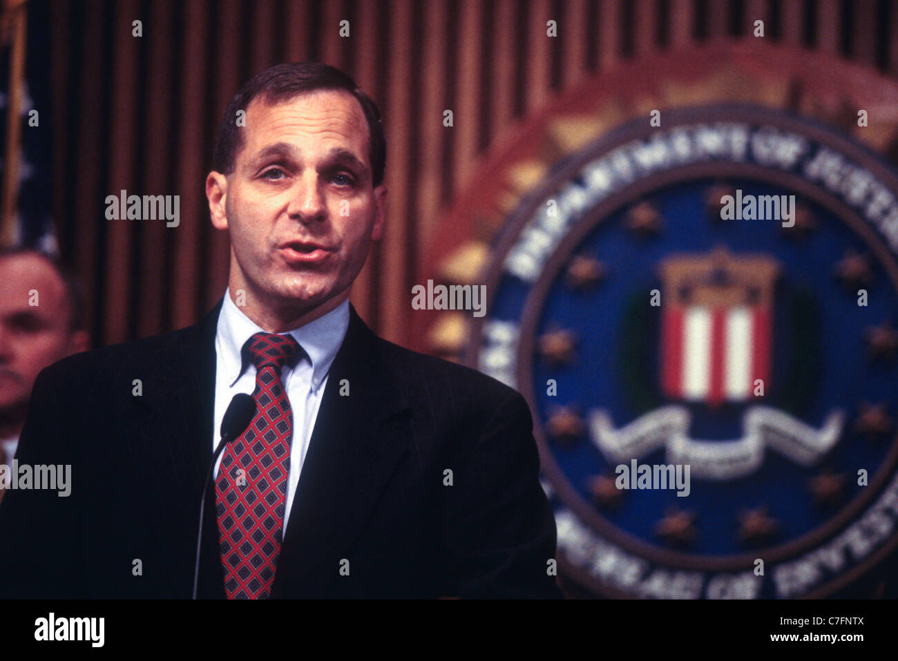 Director of the FBI Louis Freeh discussing Drug King Pin Romon Arellano Felix in Washington, DC. Stock Photo