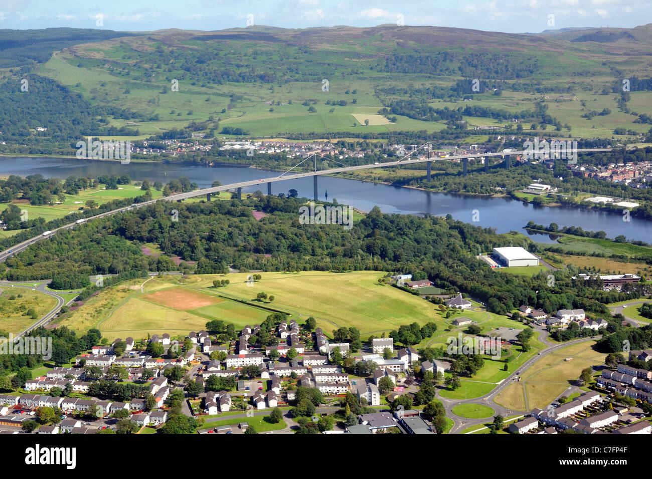 Ariel image of Erskine Bridge spanning the River Clyde near Glasgow, in Scotland, UK, Europe Stock Photo