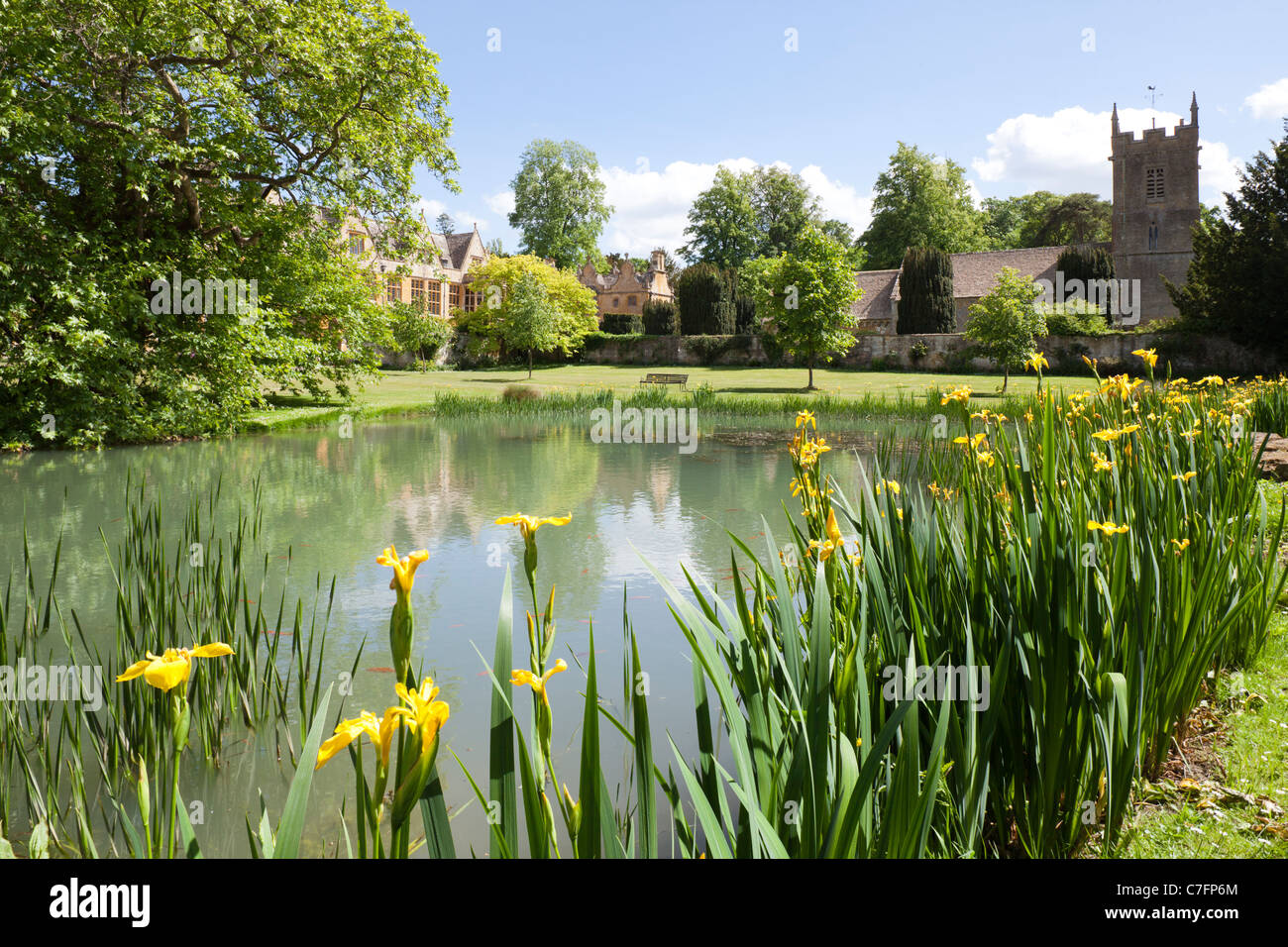 Stanway House and St Peters church in the Cotswold village of Stanway, Gloucestershire UK Stock Photo