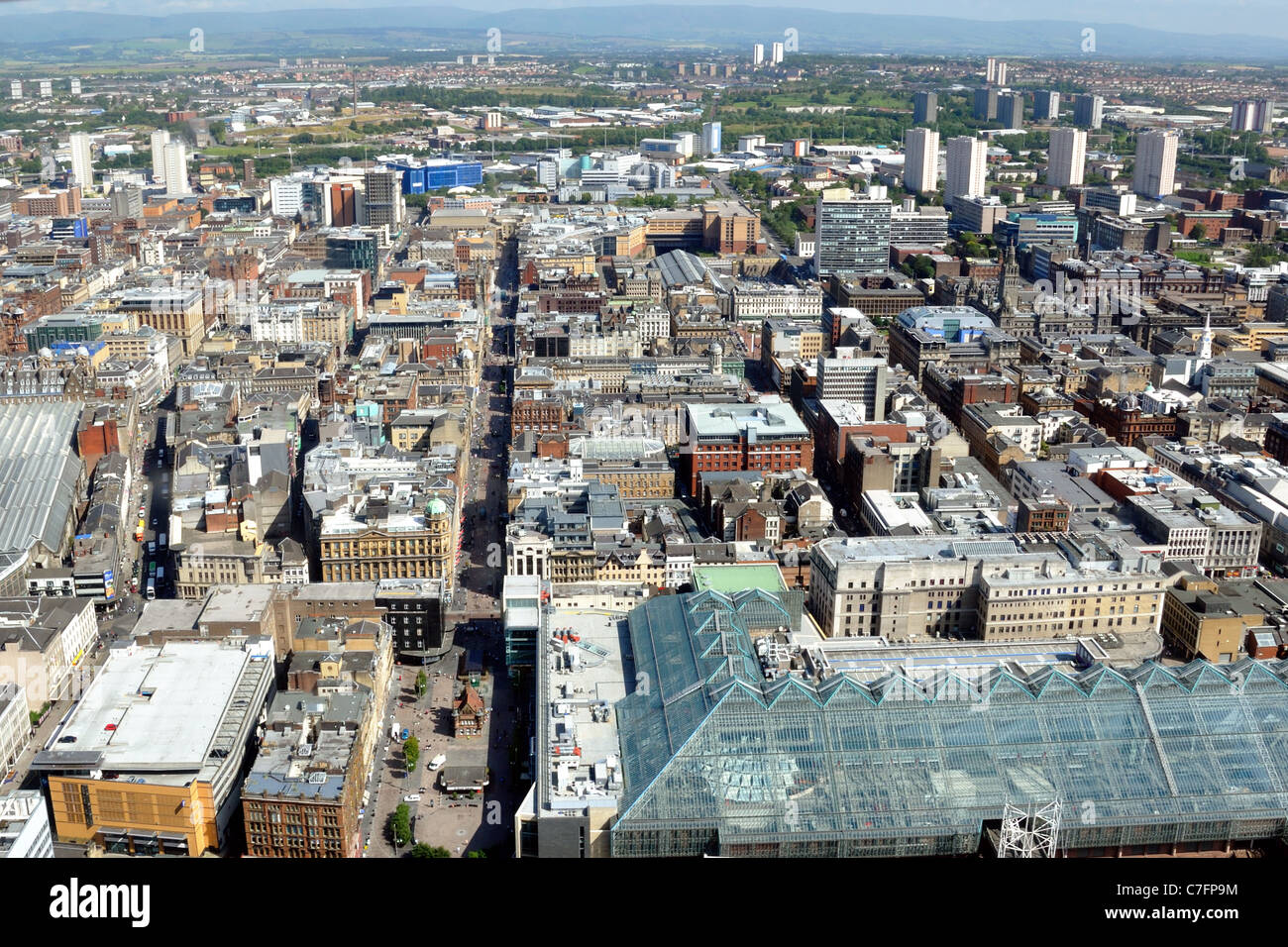 View of Glasgow city centre Scotland, UK, Europe, from the air with the 'glass house' (St Enoch centre) and St Enoch Square in the foreground. Stock Photo