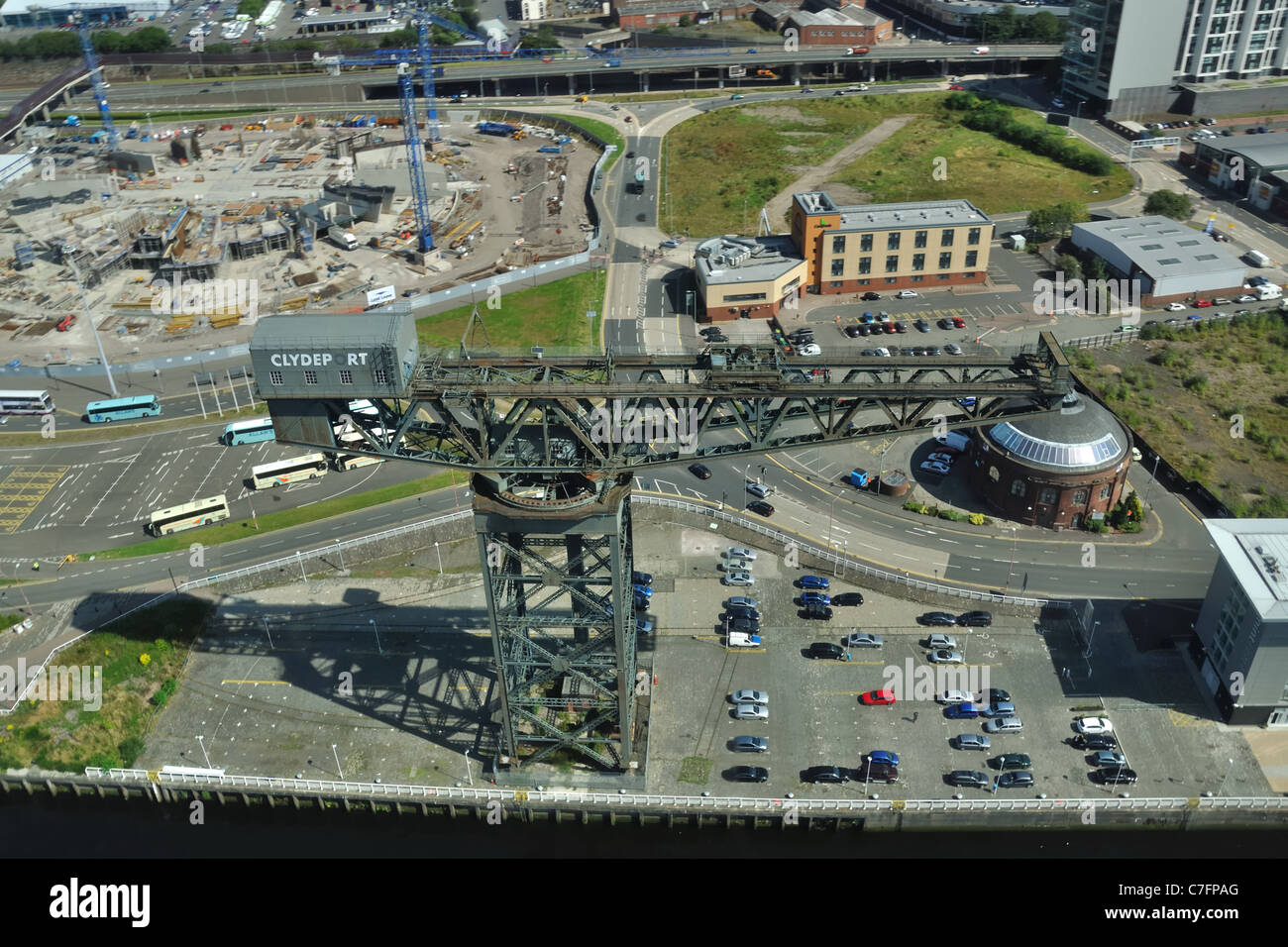 This is an aerial shot of the Finneston Crane on the banks of the River Clyde, Glasgow Stock Photo