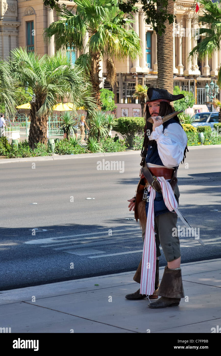 This a lookalike of Captain Jack Sparrow in the film Pirates of the Caribbean on the streets of Las Vegas Stock Photo