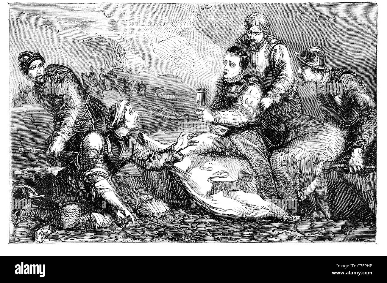 Sir Robert Philip Battle of Zutphen death English poet courtier soldier Elizabethan age  mortally wounded  died water bottle Stock Photo