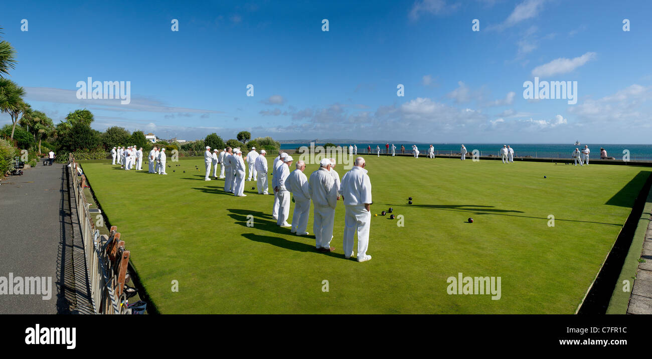 A panoramic view of bowling matches being played at Newlyn Bowling Club in Cornwall Stock Photo