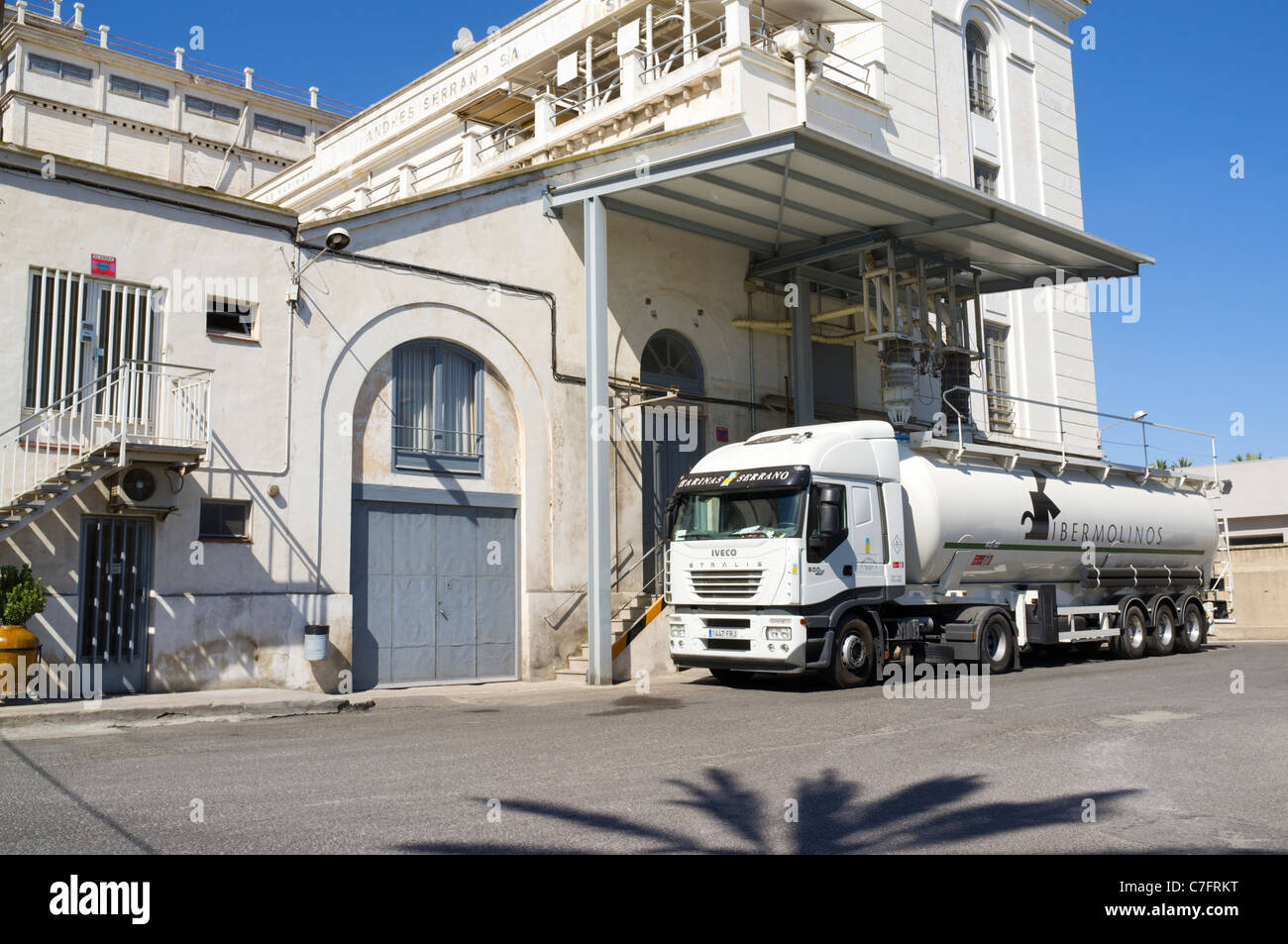 Bulk Flour carrier in loading area, Harinas Serrano, Elche, Spain Stock Photo