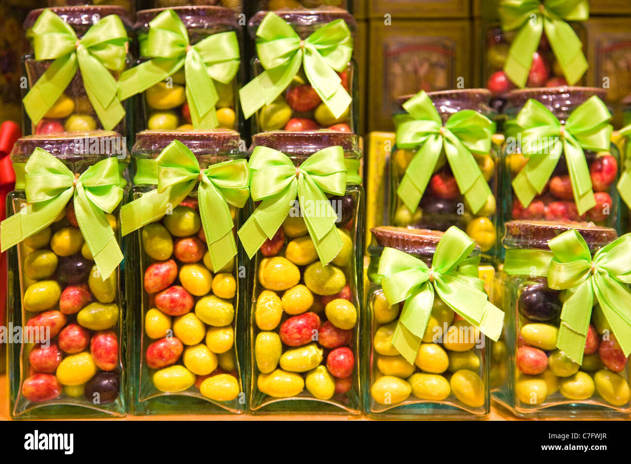 Candy in glass containers in a store Stock Photo
