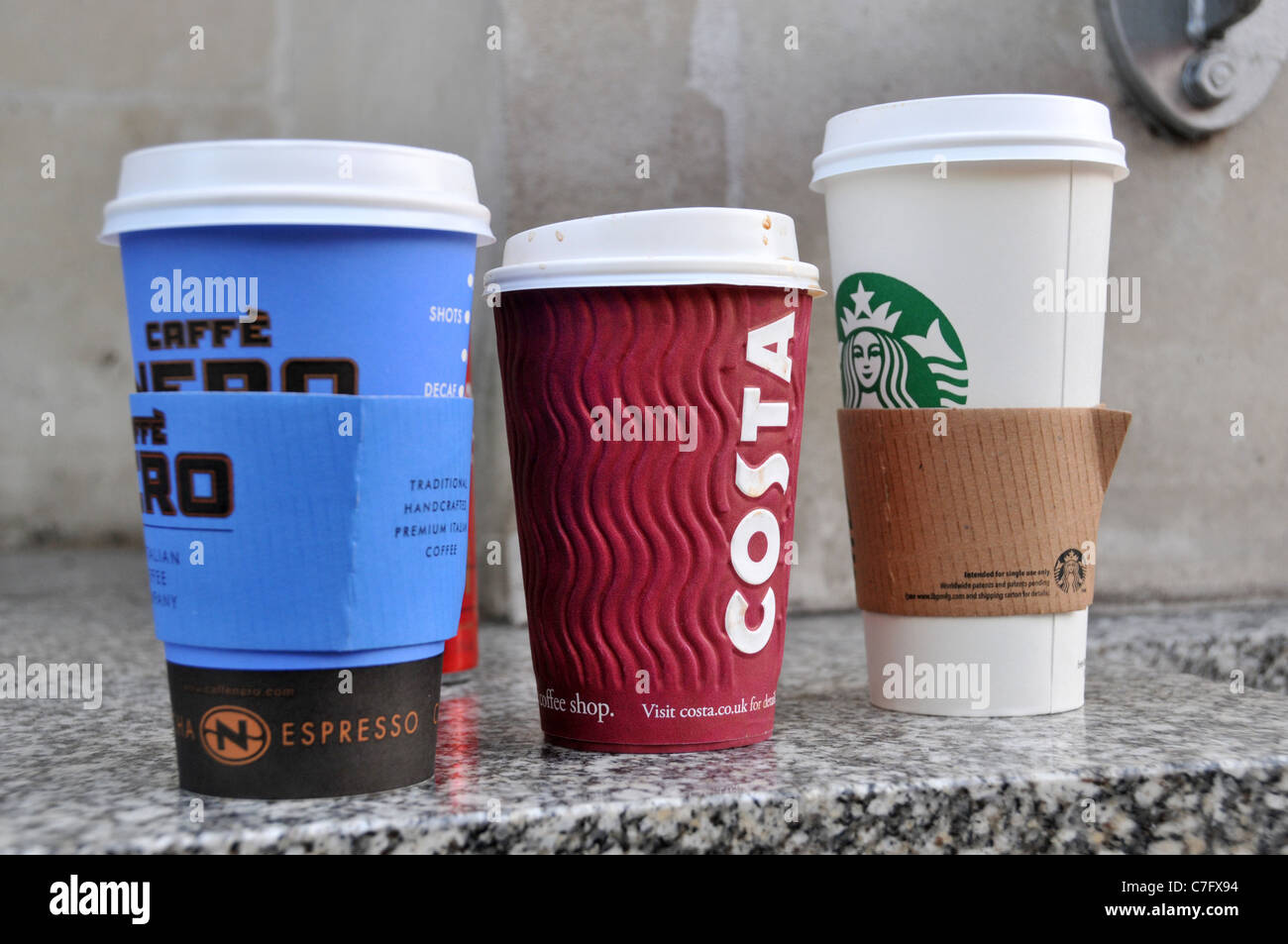 Coffee cups Caffe Nero Costa Starbucks Stock Photo