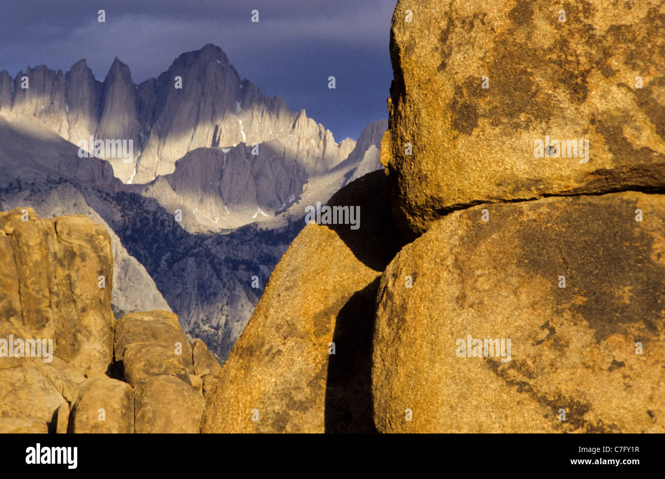 Mount Whitney seen from Owens Valley with round boulders, Sierra Nevada 