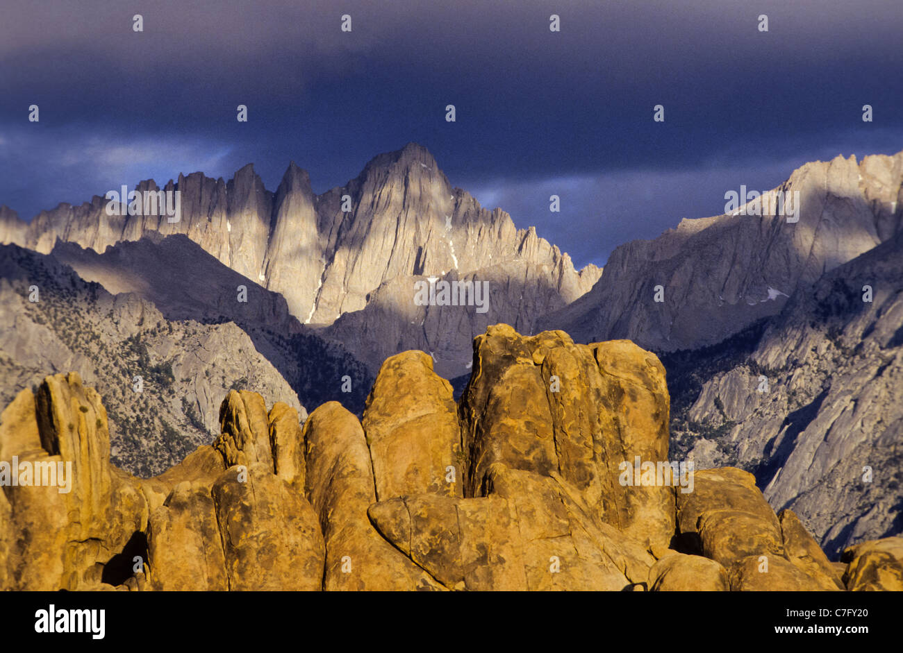 Mount Whitney seen from Owens Valley with round boulders, Sierra Nevada 