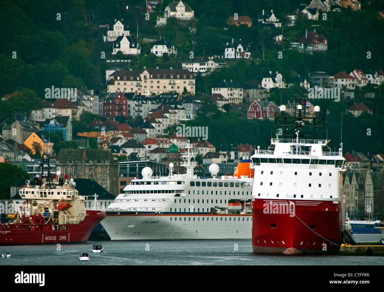 Bergen harbor with German cruise ship MS Columbus at dock in center (built to fit U.S. Great Lakes locks) Stock Photo