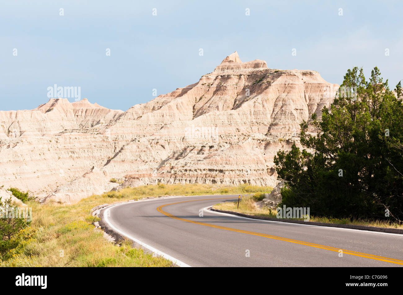 The Badlands Loop Road passes through scenic formations in Badlands National Park in South
