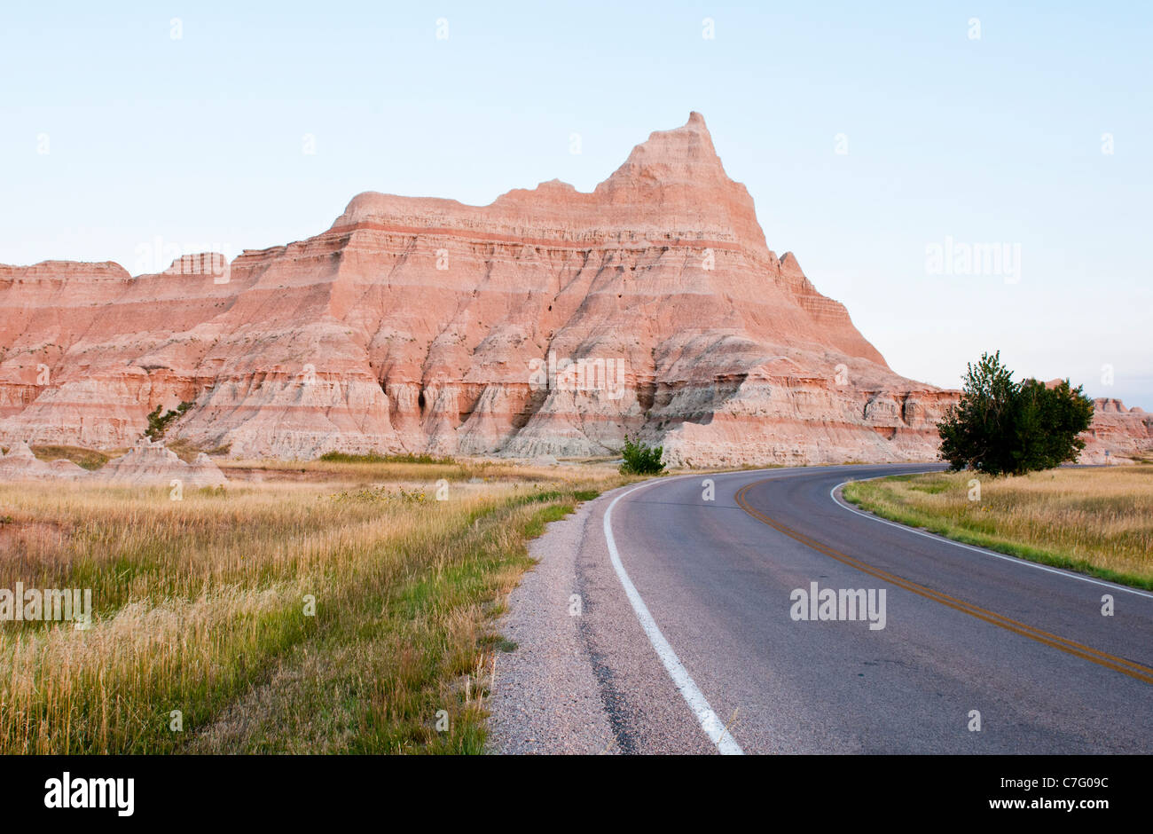 The Badlands Loop Road passes through scenic formations in Badlands National Park in South