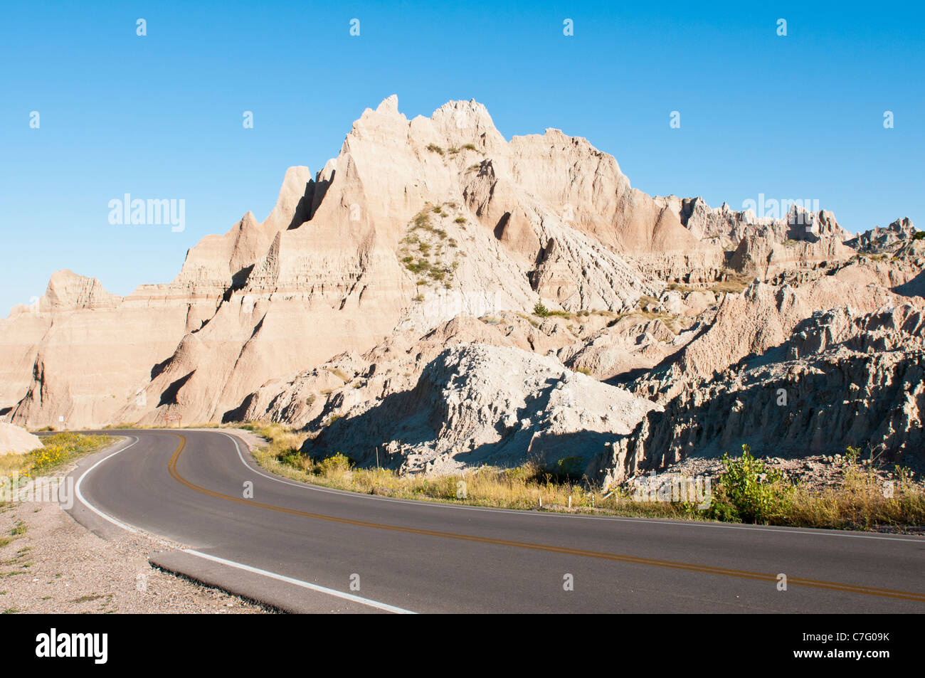 The Badlands Loop Road passes through scenic formations in Badlands National Park in South