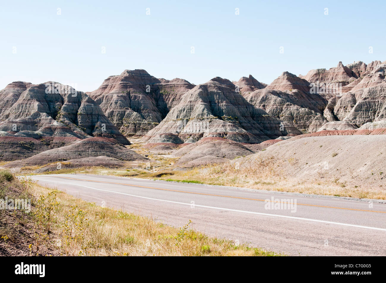 The Badlands Loop Road passes through scenic formations in Badlands National Park in South